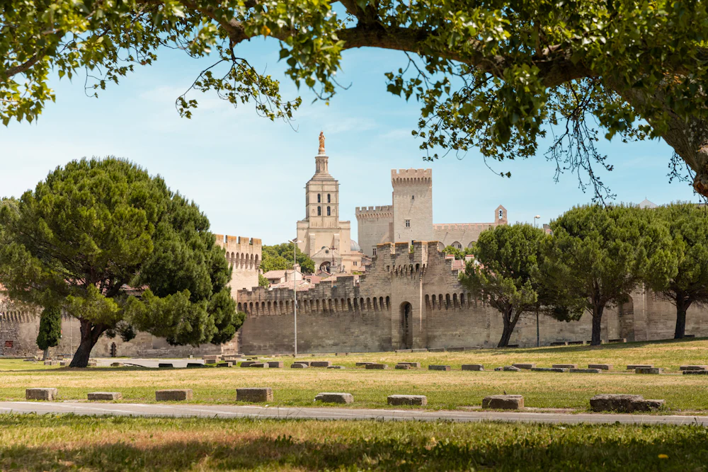 The Palace of the Popes and the cathedral rising above the medieval ramparts of Avignon